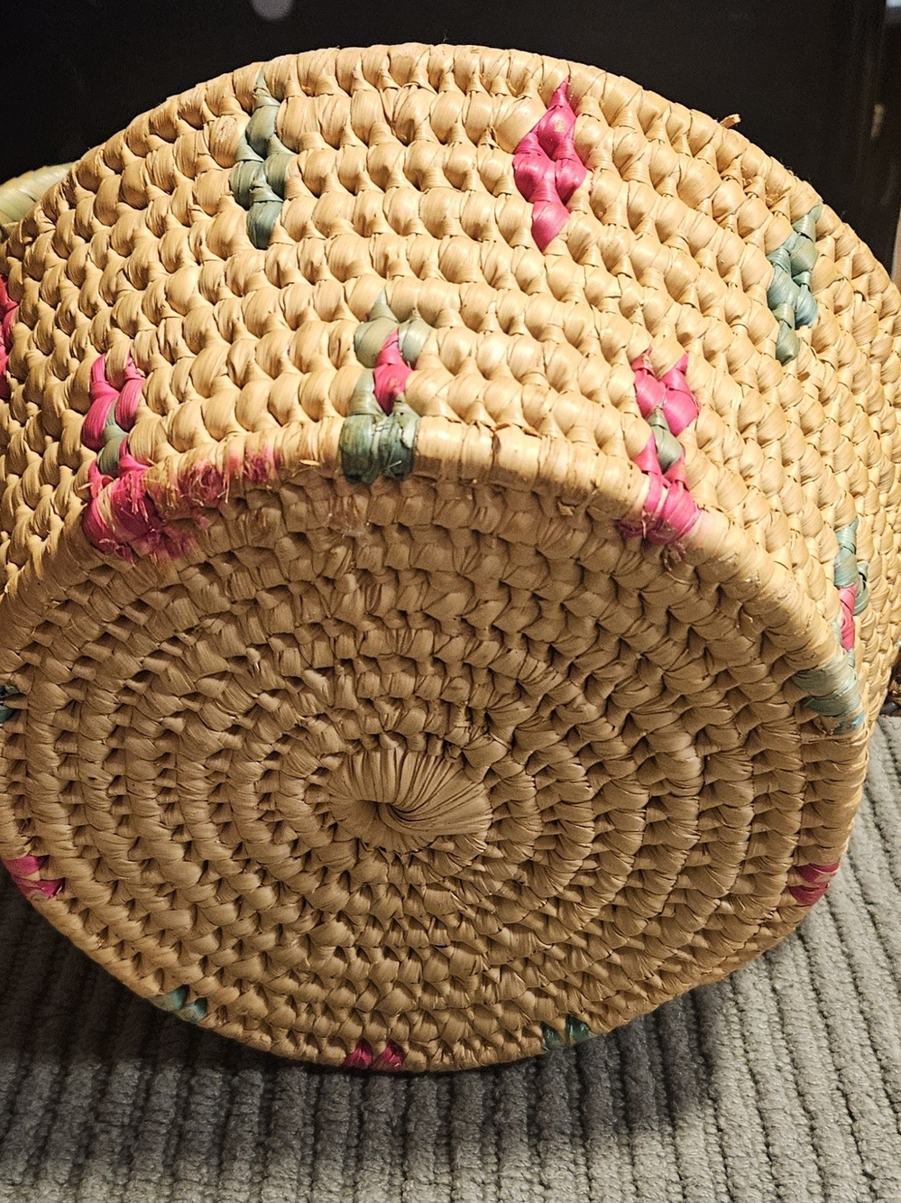 Handwoven Straw Basket with Pink & Green Accents - Picture 4 of 5